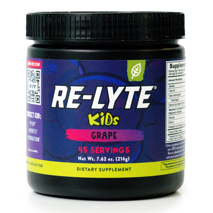 Black plastic jar of Re-Lyte Kids Grape dietary supplement. 
